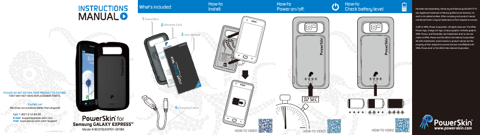 What’s included, How-to install, How-to power on/off | How-to check battery level, Samsung galaxy express | PowerSkin Samsung GALAXY EXPRESS (BC01SGEXP01-00BK) User Manual | Page 2 / 2