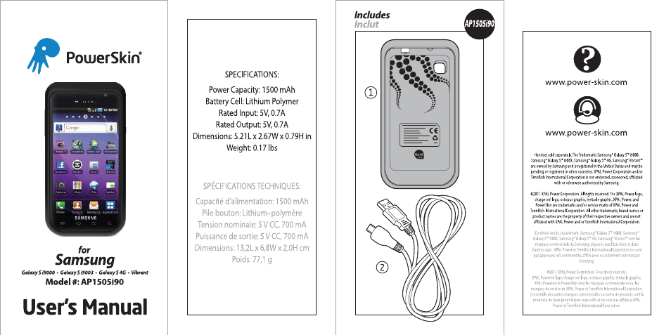 PowerSkin Samsung Galaxy S 4G, Vibrant, S Plus (i9001), i9000 & i9003 (AP1505I90) User Manual | 2 pages
