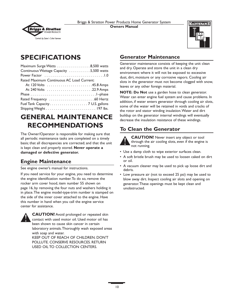 Specifications, General maintenance recommendations, Engine maintenance | Generator maintenance | Briggs & Stratton 190477GS User Manual | Page 10 / 40
