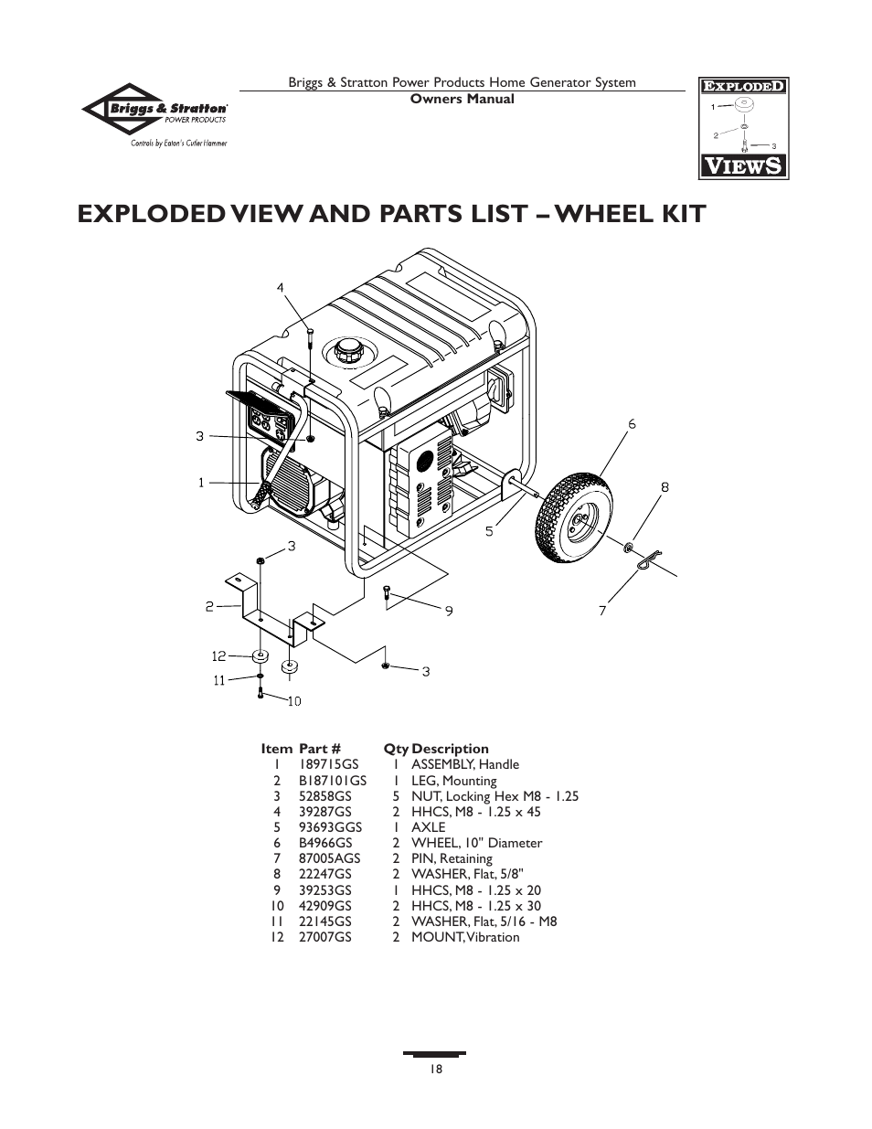 Exploded view and parts list – wheel kit | Briggs & Stratton 190477GS User Manual | Page 18 / 40