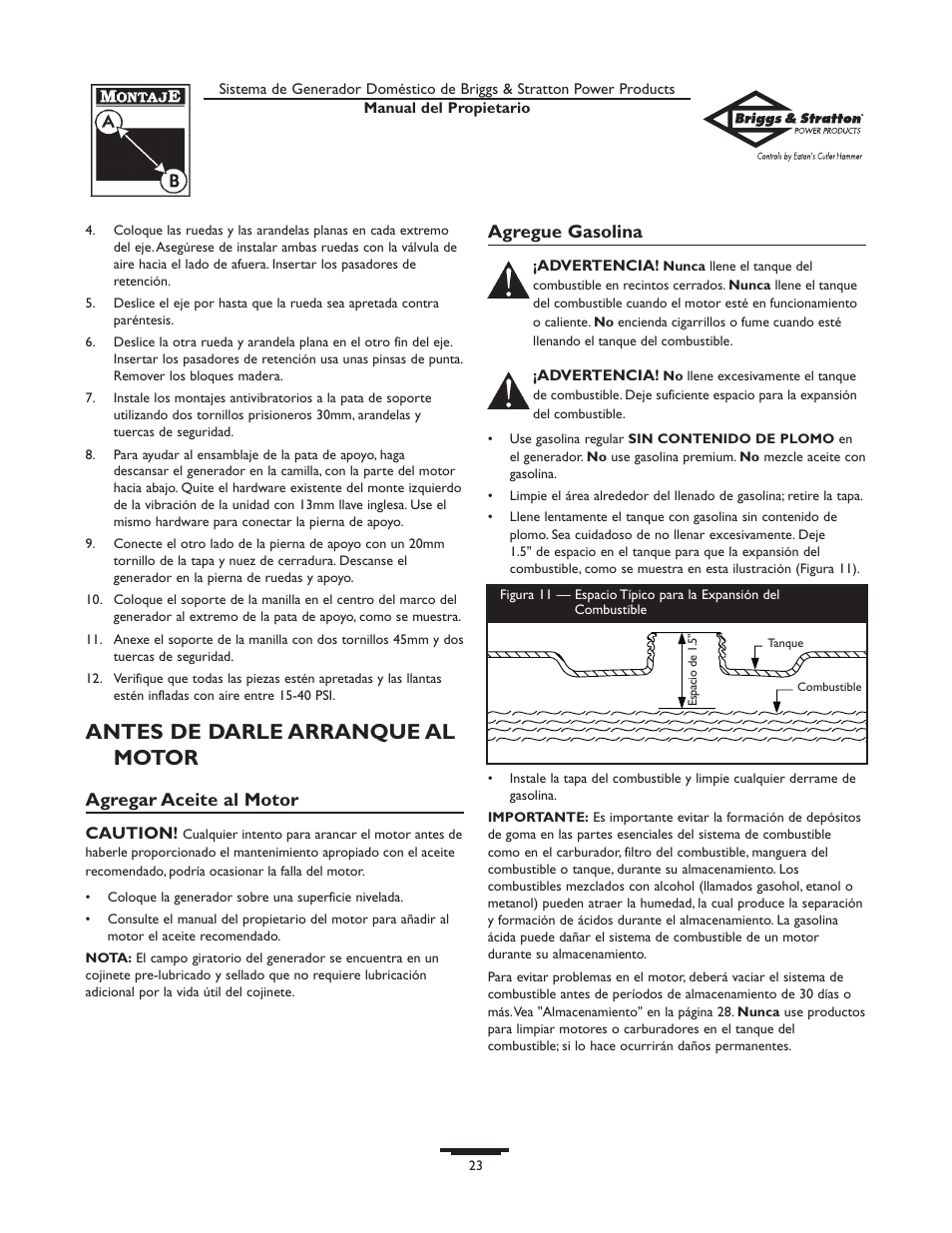 Antes de darle arranque al motor, Agregar aceite al motor, Agregue gasolina | Briggs & Stratton 190477GS User Manual | Page 23 / 40
