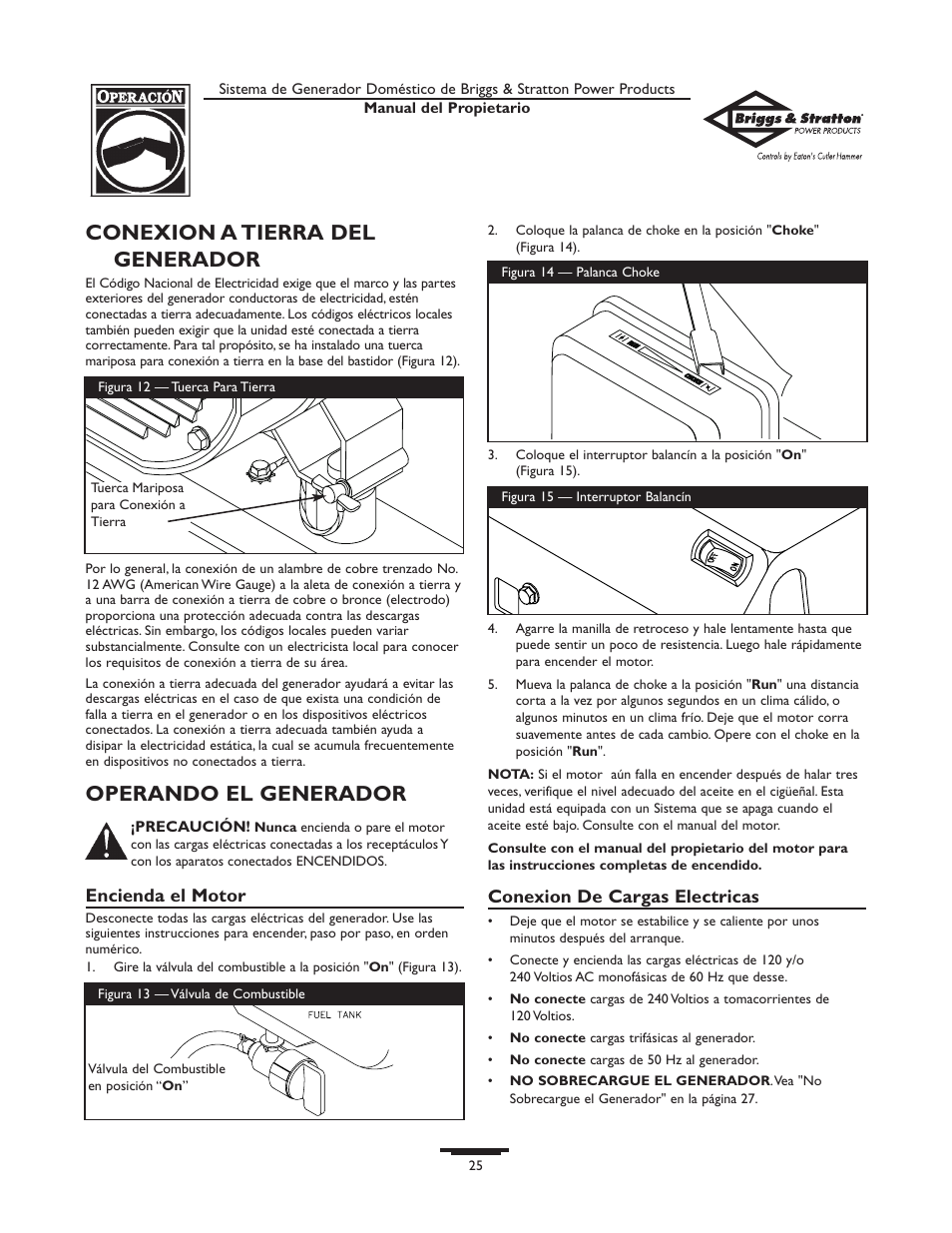 Conexion a tierra del generador, Operando el generador | Briggs & Stratton 190477GS User Manual | Page 25 / 40