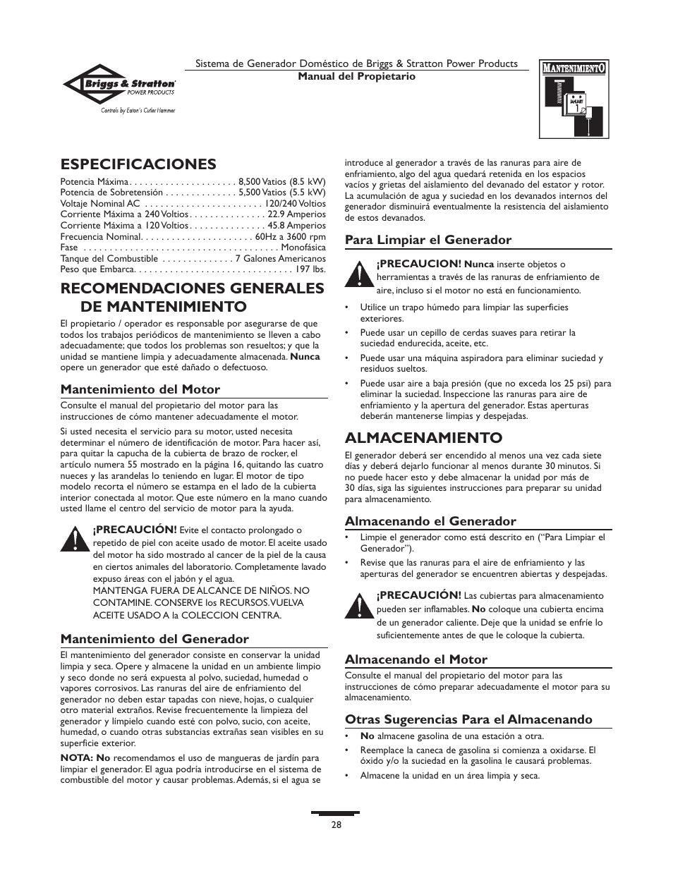 Especificaciones, Recomendaciones generales de mantenimiento, Almacenamiento | Briggs & Stratton 190477GS User Manual | Page 28 / 40