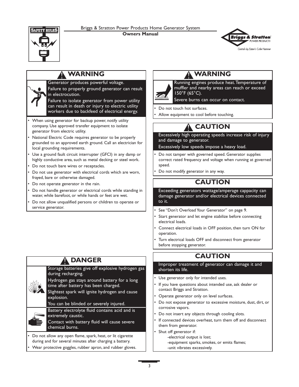 Warning, Danger, Caution | Briggs & Stratton 190477GS User Manual | Page 3 / 40