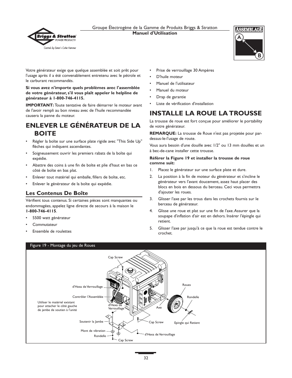 Enlever le générateur de la boite, Installe la roue la trousse, Les contenus de boîte | Briggs & Stratton 190477GS User Manual | Page 32 / 40