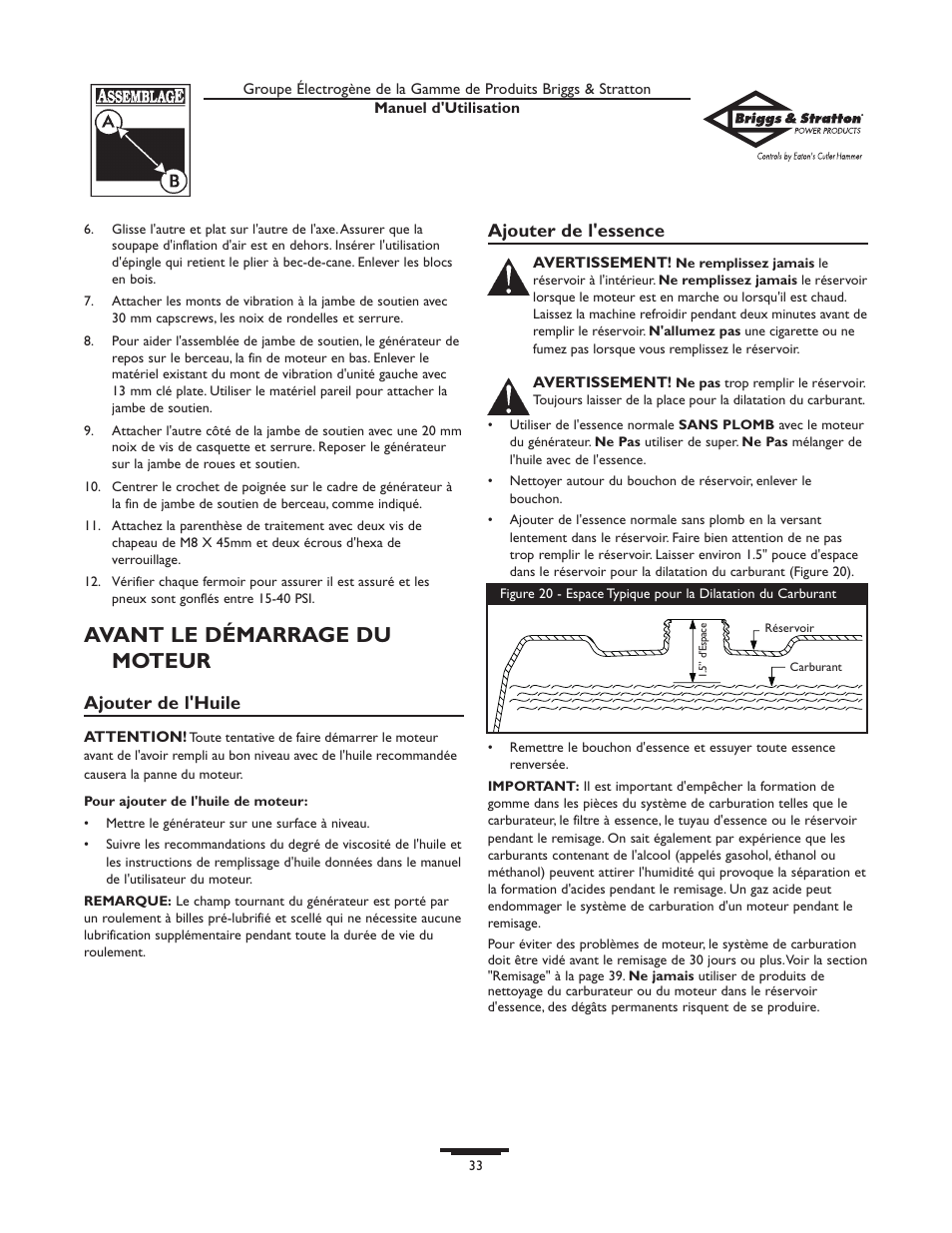 Avant le démarrage du moteur, Ajouter de l'huile, Ajouter de l'essence | Briggs & Stratton 190477GS User Manual | Page 33 / 40