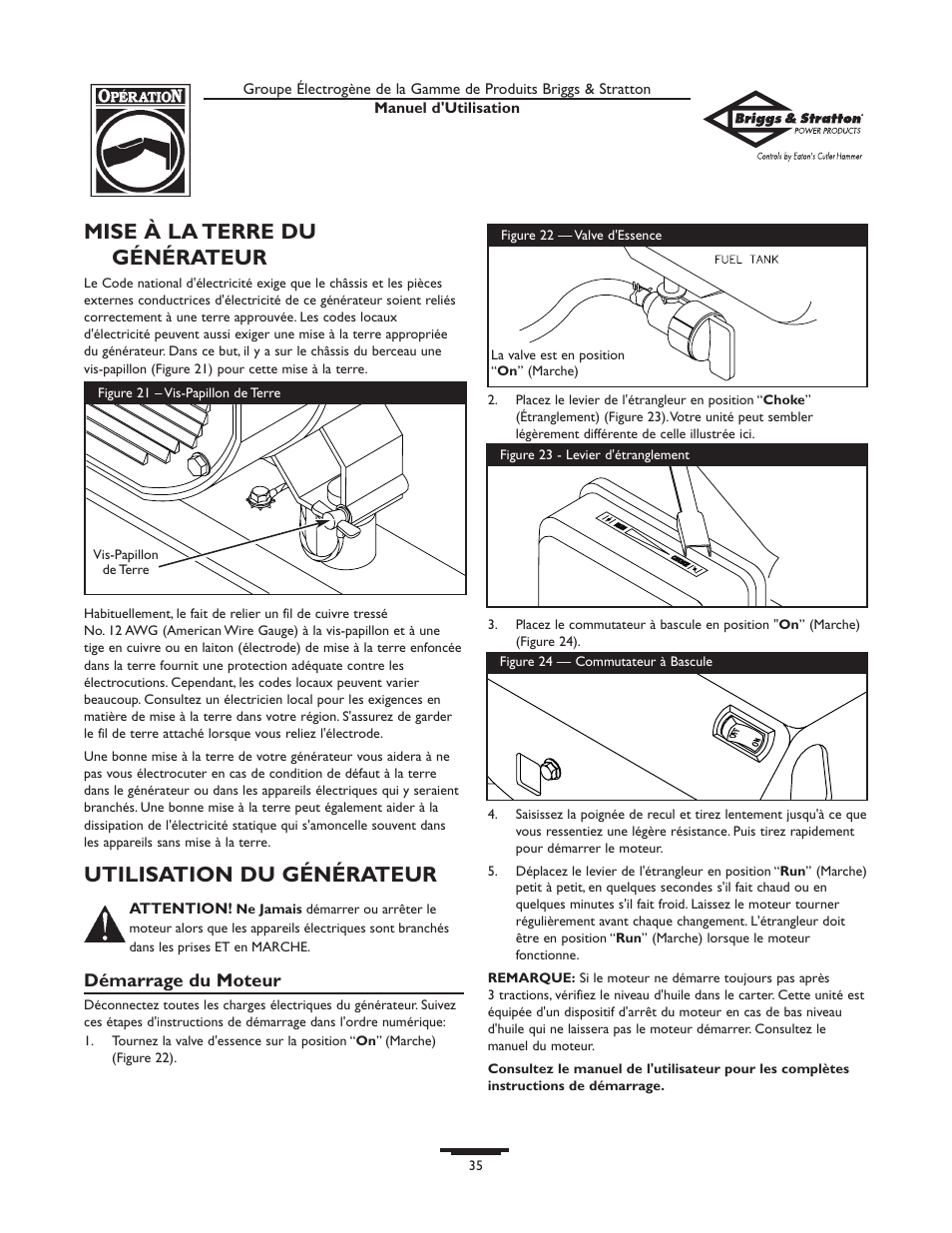 Mise à la terre du générateur, Utilisation du générateur | Briggs & Stratton 190477GS User Manual | Page 35 / 40