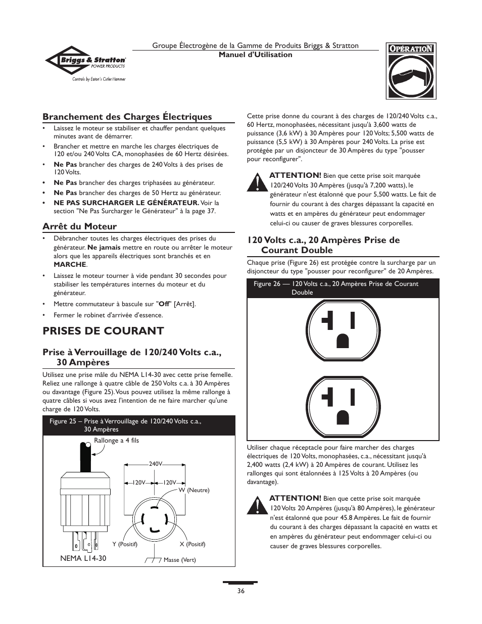 Prises de courant, Branchement des charges électriques, Arrêt du moteur | Briggs & Stratton 190477GS User Manual | Page 36 / 40