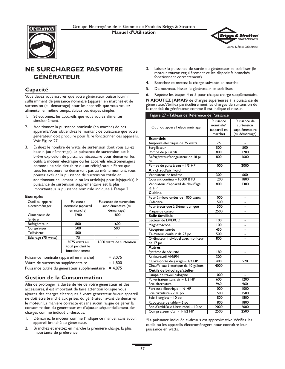 Ne surchargez pas votre générateur, Capacité, Gestion de la consommation | Briggs & Stratton 190477GS User Manual | Page 37 / 40