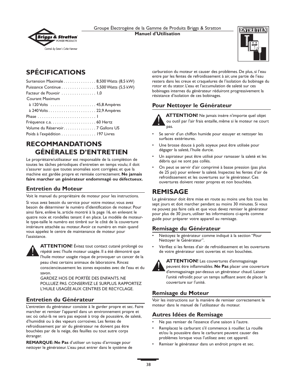 Spécifications, Recommandations générales d’entretien, Remisage | Briggs & Stratton 190477GS User Manual | Page 38 / 40