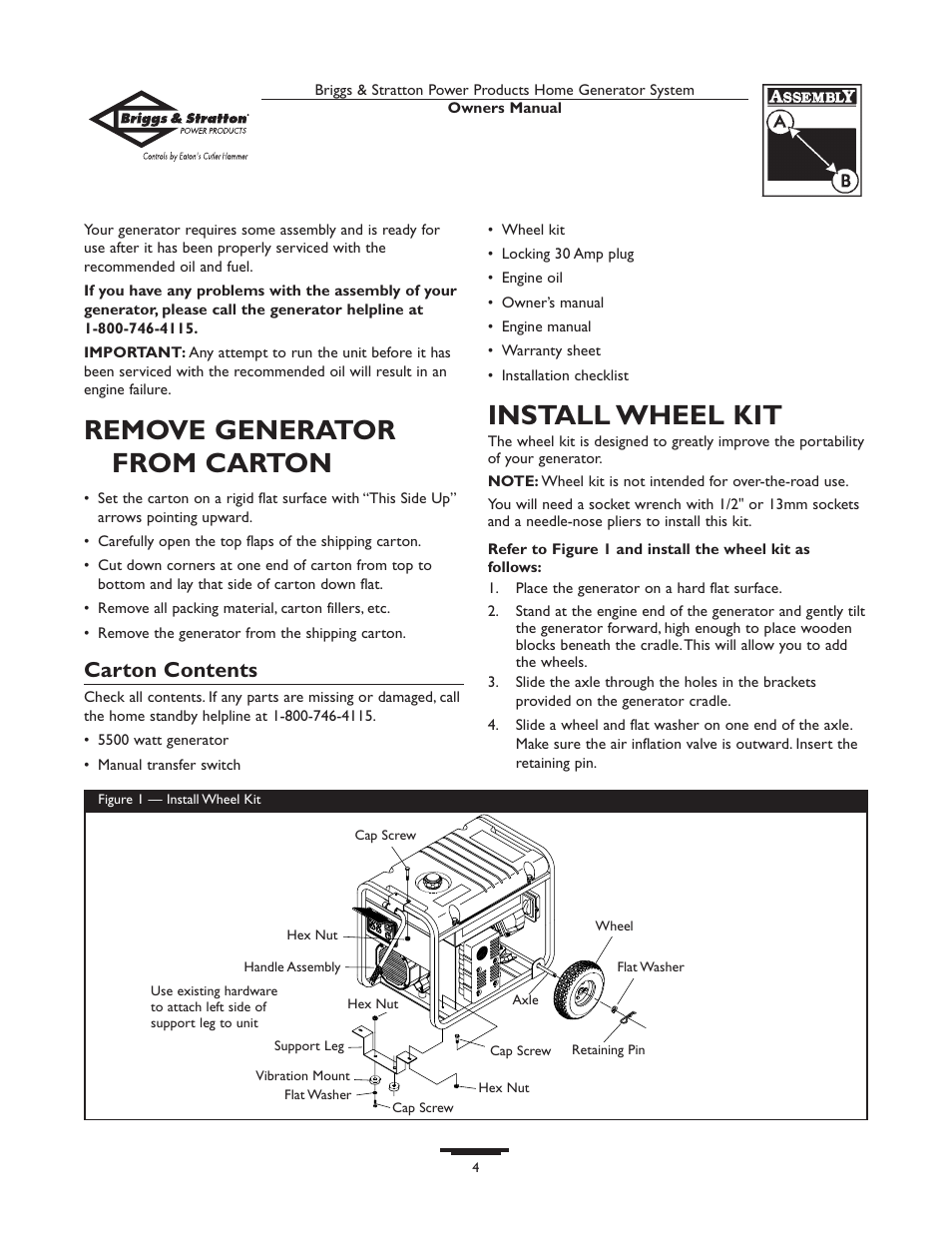 Remove generator from carton, Install wheel kit, Carton contents | Briggs & Stratton 190477GS User Manual | Page 4 / 40