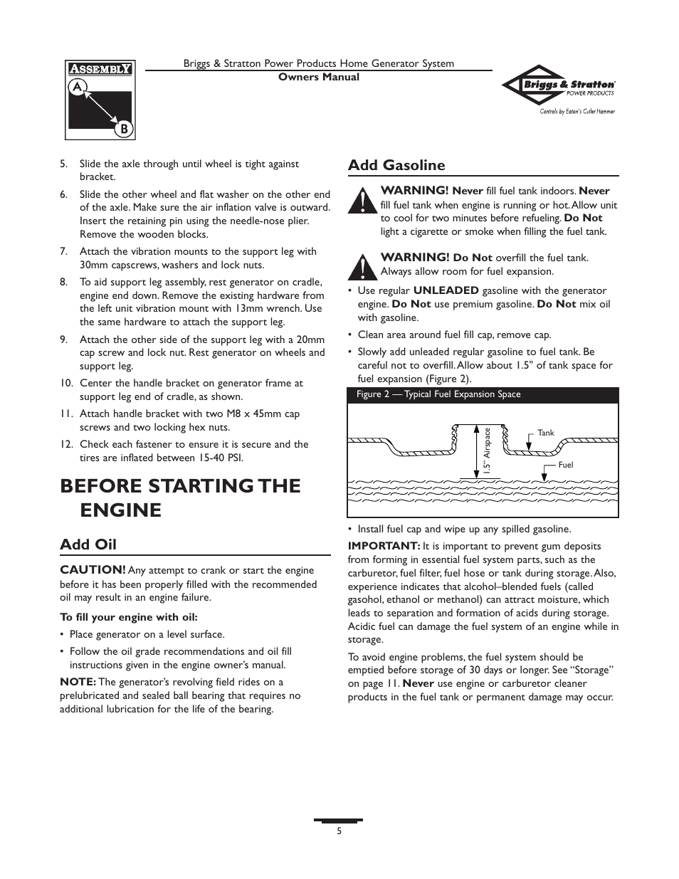 Before starting the engine, Add oil, Add gasoline | Briggs & Stratton 190477GS User Manual | Page 5 / 40