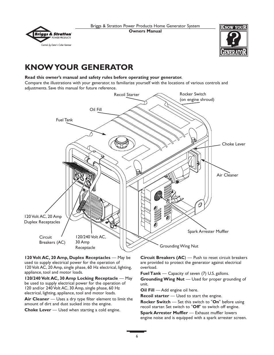 Know your generator | Briggs & Stratton 190477GS User Manual | Page 6 / 40