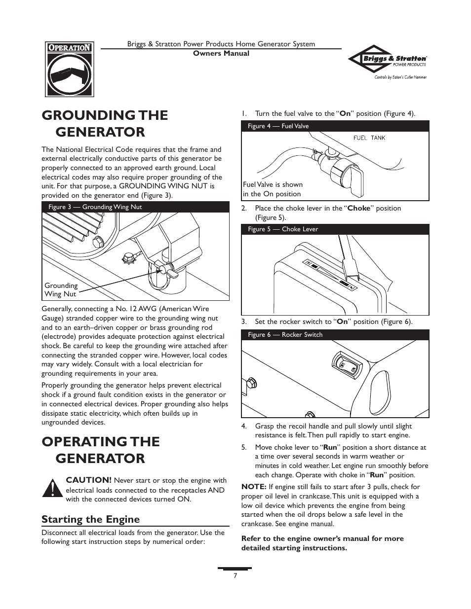 Grounding the generator, Operating the generator, Starting the engine | Briggs & Stratton 190477GS User Manual | Page 7 / 40