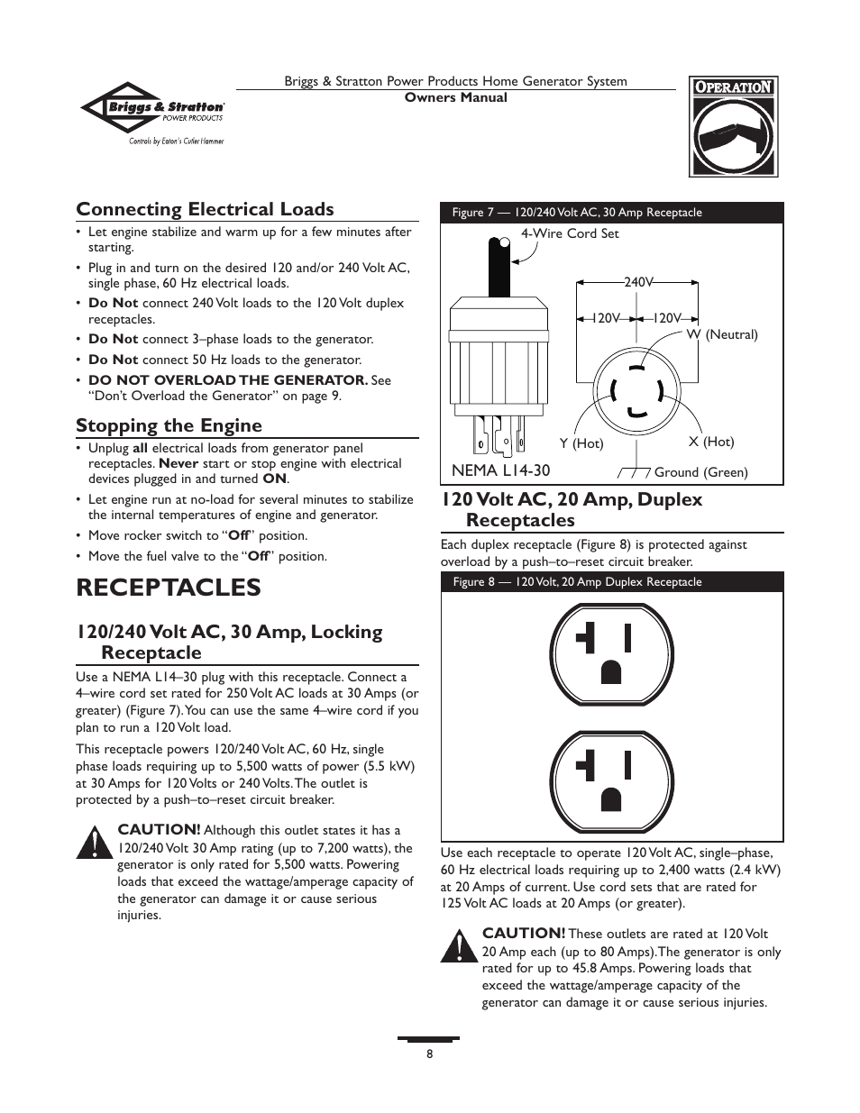 Receptacles, Connecting electrical loads, Stopping the engine | Briggs & Stratton 190477GS User Manual | Page 8 / 40