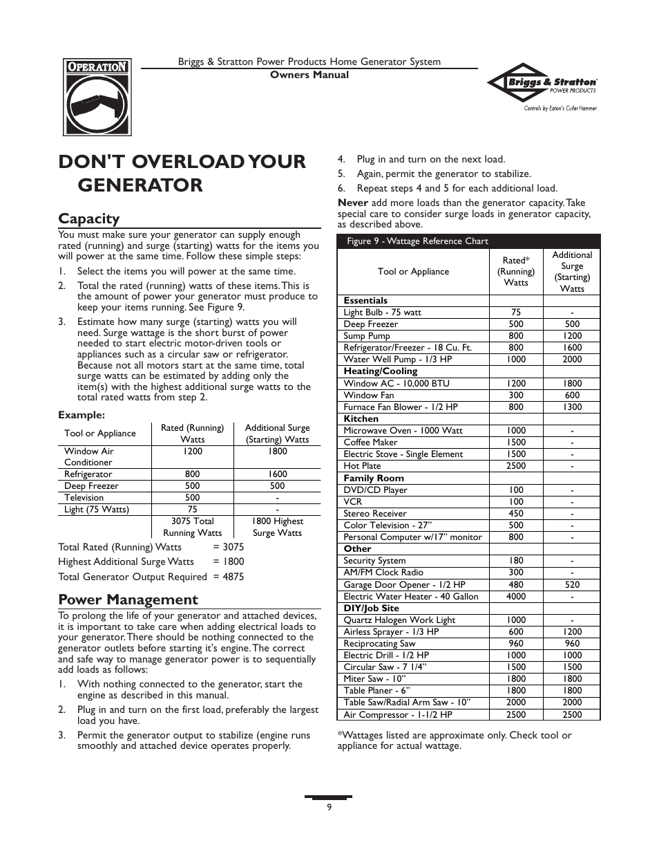 Don't overload your generator, Capacity, Power management | Briggs & Stratton 190477GS User Manual | Page 9 / 40