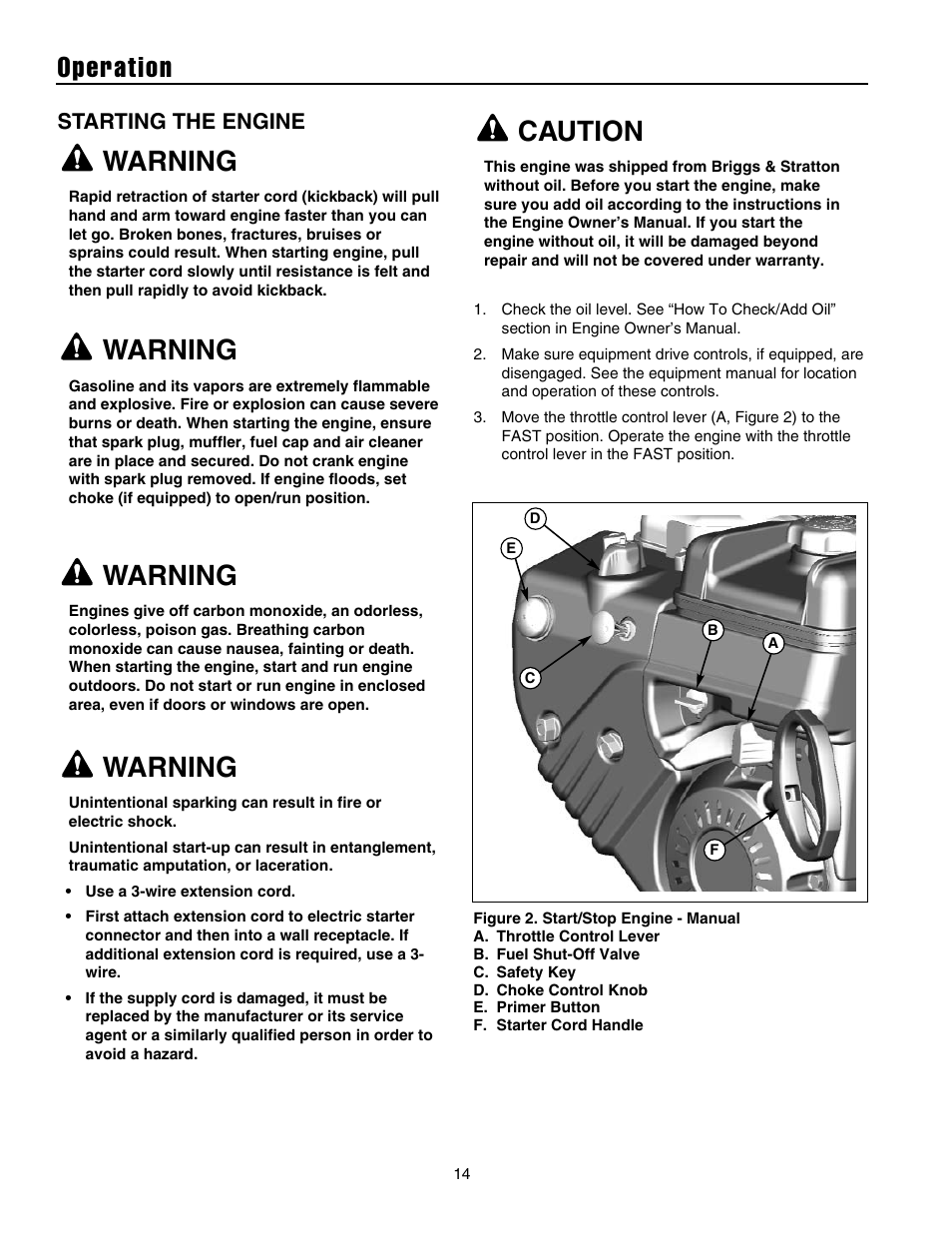 Operation, Warning, Caution | Starting the engine | Briggs & Stratton 1732 User Manual | Page 16 / 36