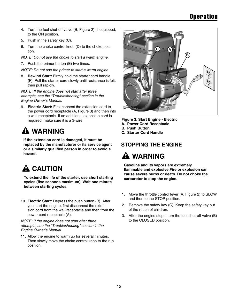 Operation, Warning, Caution | Stopping the engine | Briggs & Stratton 1732 User Manual | Page 17 / 36