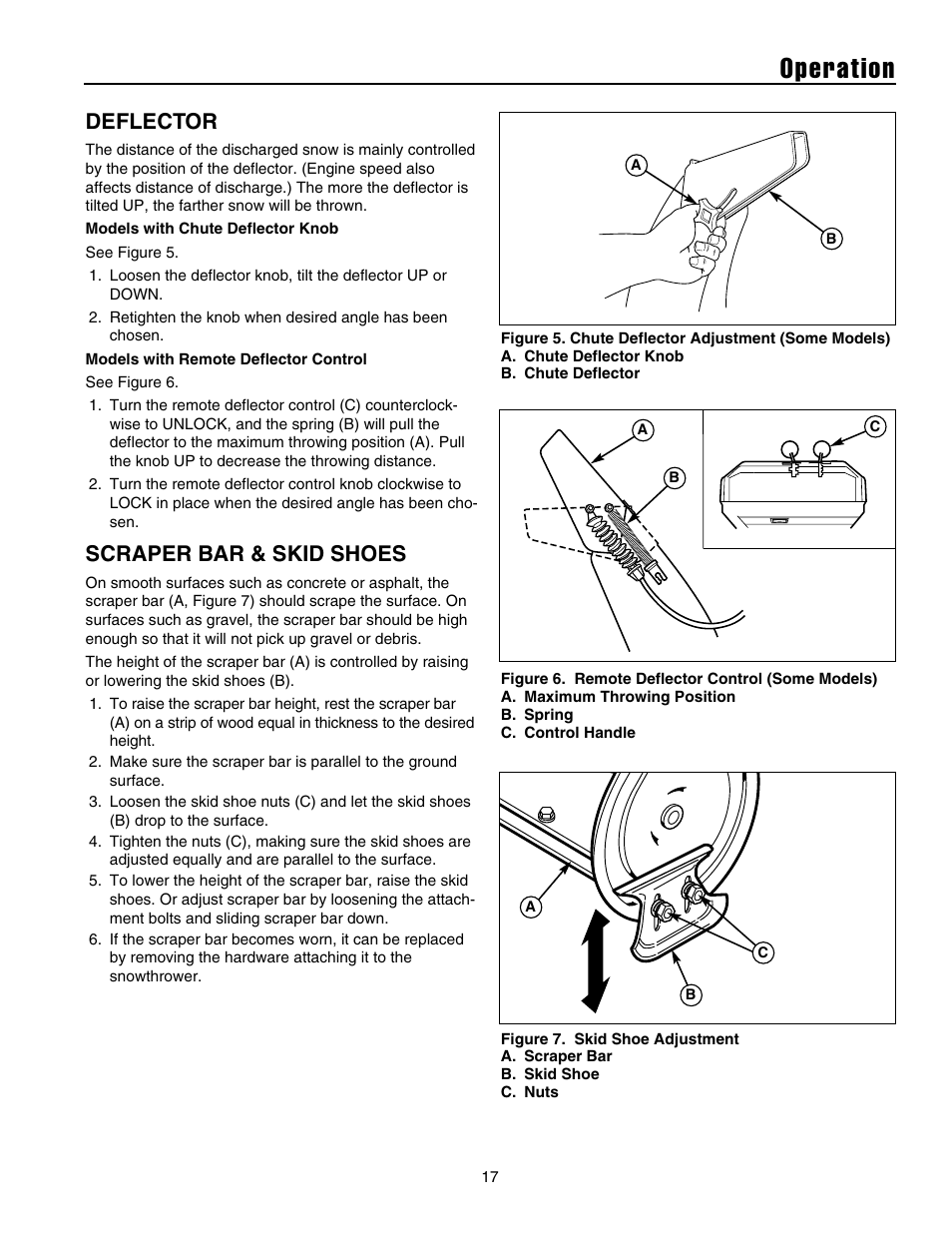 Operation, Deflector, Scraper bar & skid shoes | Briggs & Stratton 1732 User Manual | Page 19 / 36