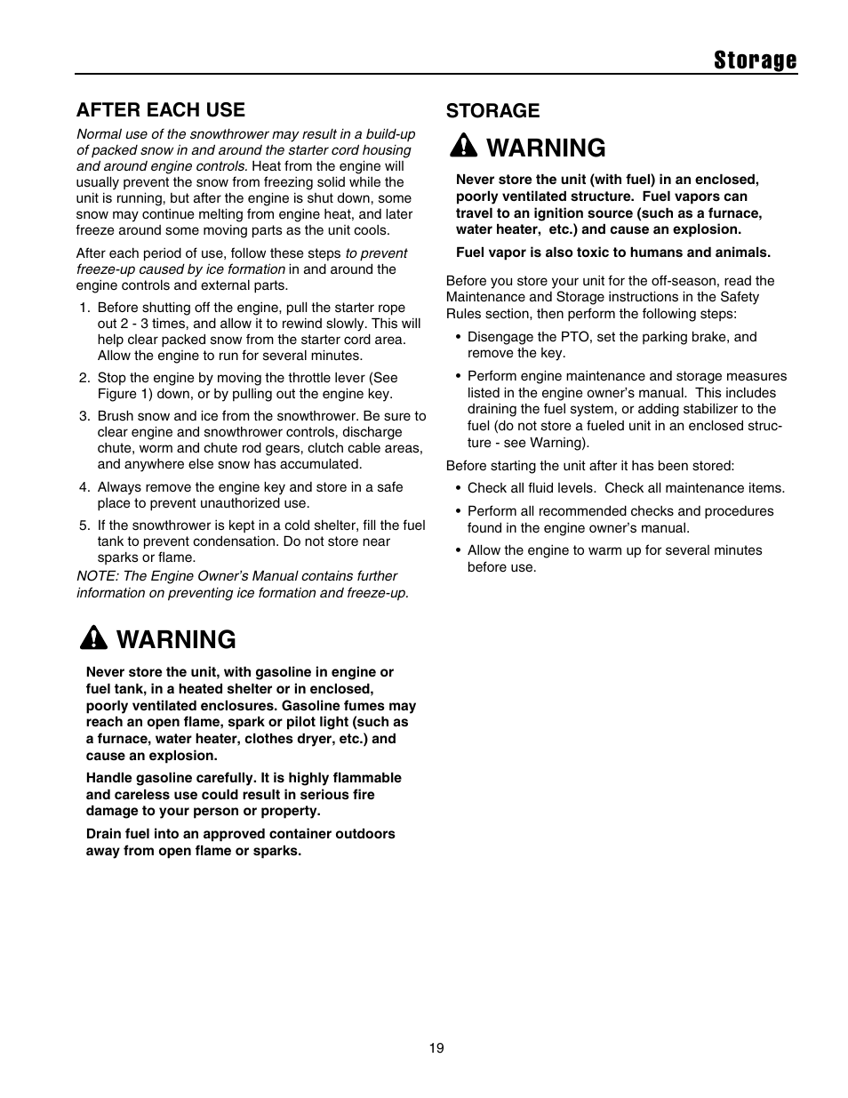 Warning, Storage warning, After each use | Storage | Briggs & Stratton 1732 User Manual | Page 21 / 36