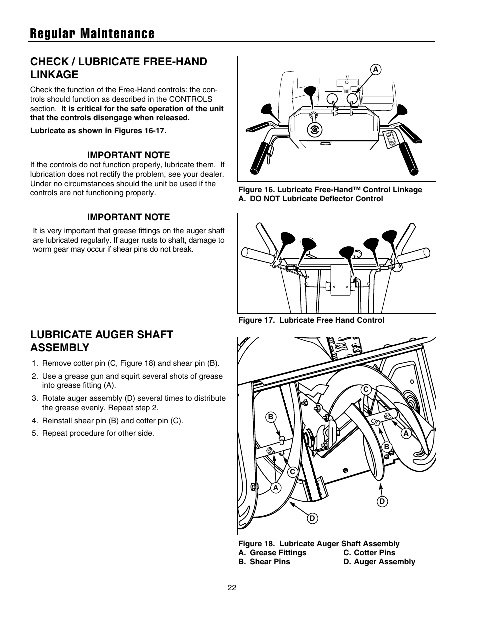 Regular maintenance, Check / lubricate free-hand linkage, Lubricate auger shaft assembly | Briggs & Stratton 1732 User Manual | Page 24 / 36