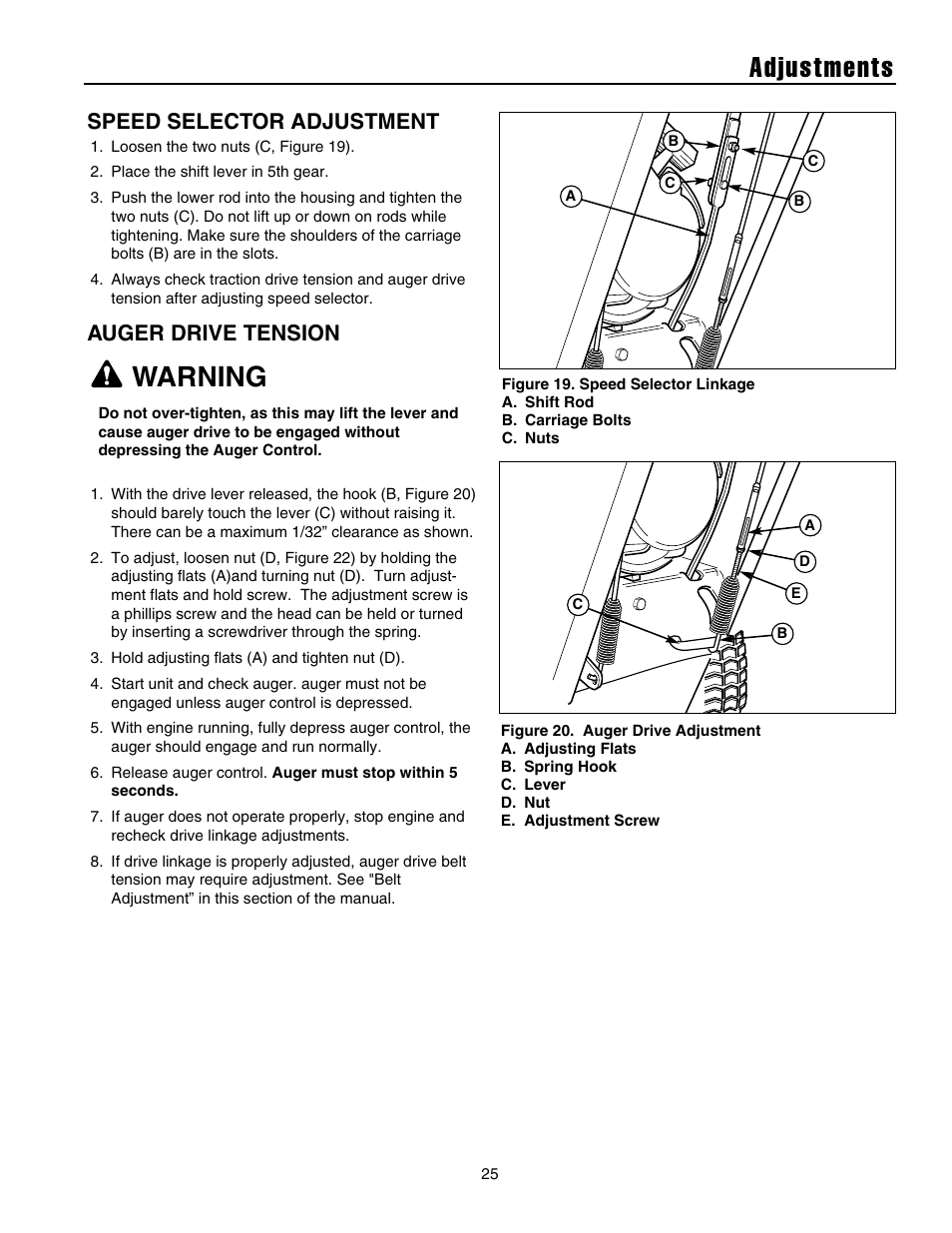 Adjustments, Warning, Speed selector adjustment | Auger drive tension | Briggs & Stratton 1732 User Manual | Page 27 / 36