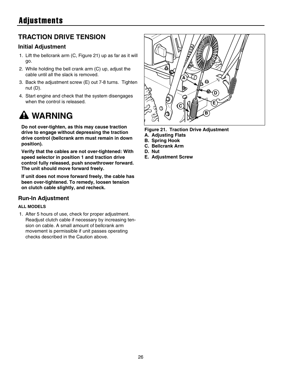 Adjustments, Warning, Traction drive tension | Briggs & Stratton 1732 User Manual | Page 28 / 36