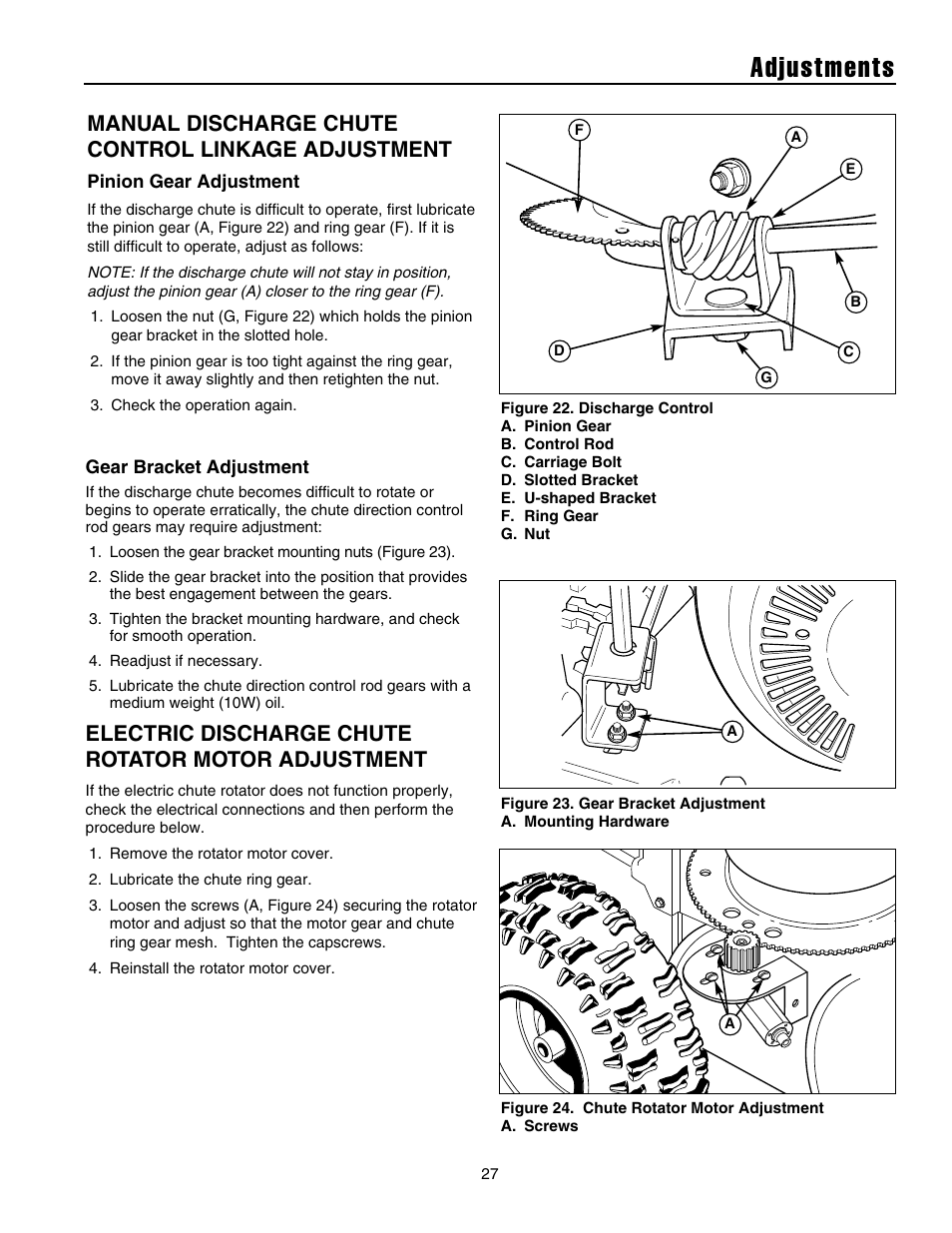 Adjustments, Manual discharge chute control linkage adjustment, Electric discharge chute rotator motor adjustment | Briggs & Stratton 1732 User Manual | Page 29 / 36