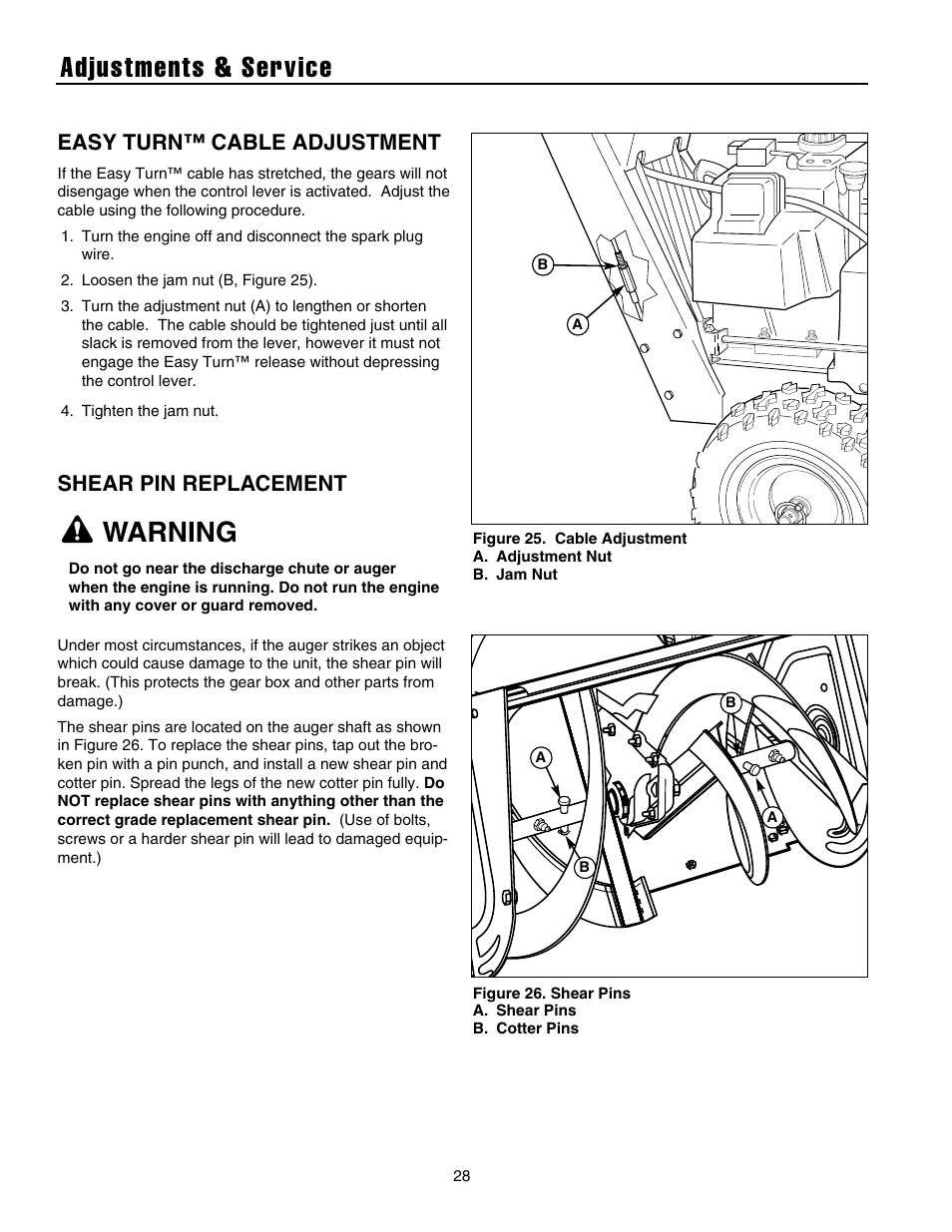 Adjustments & service, Warning, Easy turn™ cable adjustment | Shear pin replacement | Briggs & Stratton 1732 User Manual | Page 30 / 36