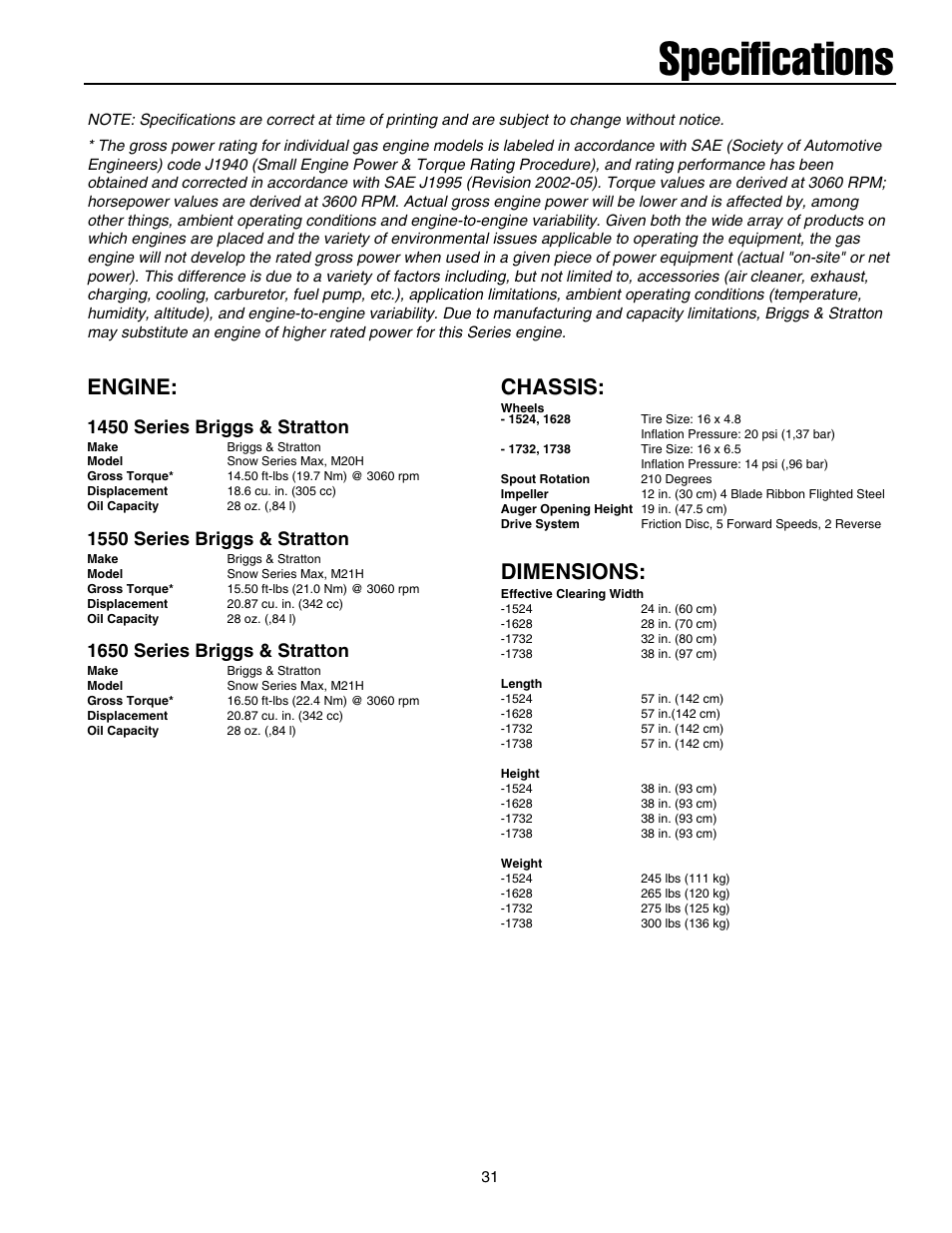 Specifications, Engine, Chassis | Dimensions, 1450 series briggs & stratton, 1550 series briggs & stratton, 1650 series briggs & stratton | Briggs & Stratton 1732 User Manual | Page 33 / 36