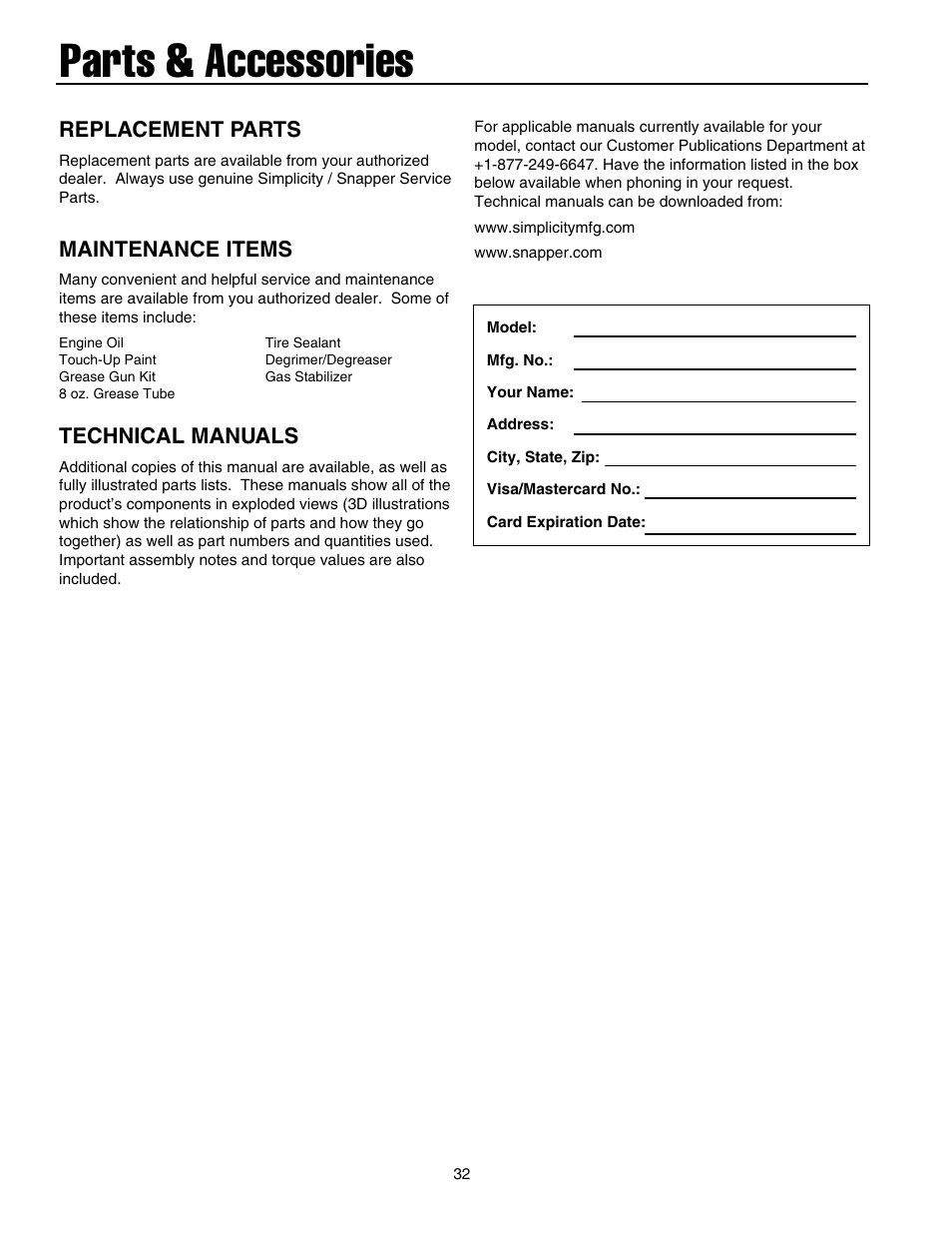 Parts & accessories, Replacement parts, Maintenance items | Technical manuals | Briggs & Stratton 1732 User Manual | Page 34 / 36