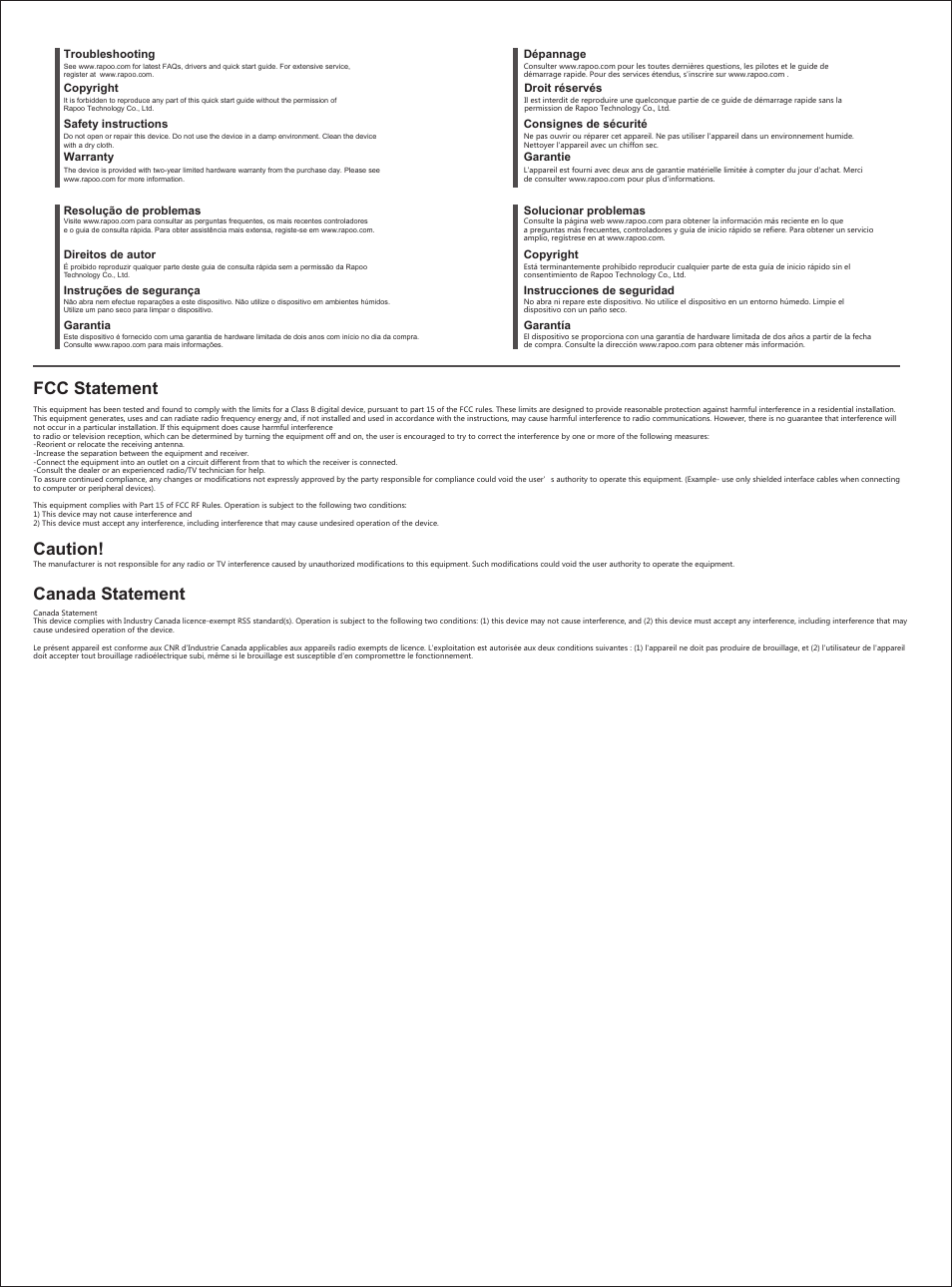 Fcc statement canada statement caution | Rapoo 7100P User Manual | Page 2 / 2