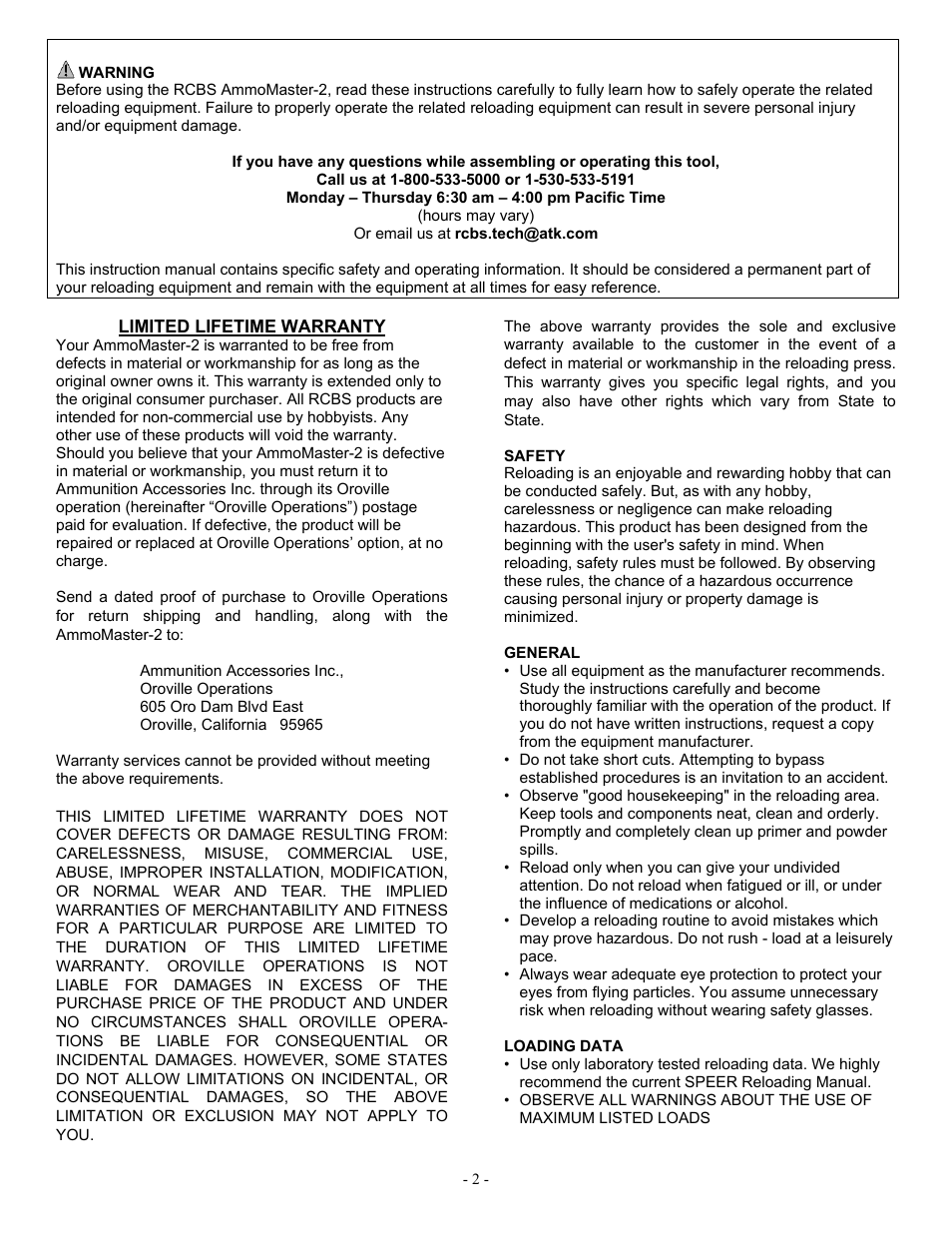 RCBS AmmoMaster 2 Single Stage Reloading Press User Manual | Page 2 / 8