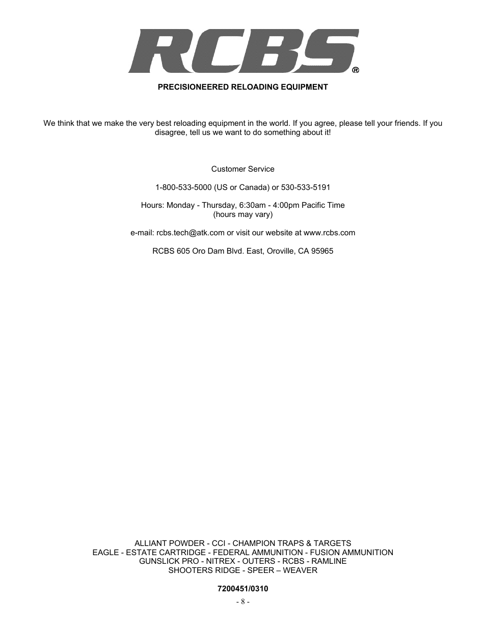 RCBS AmmoMaster 2 Single Stage Reloading Press User Manual | Page 8 / 8