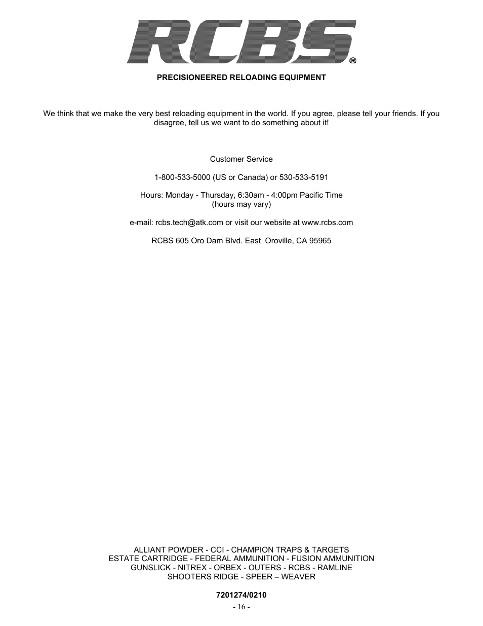 RCBS Pro 2000 Progressive Reloading Press User Manual | Page 16 / 16