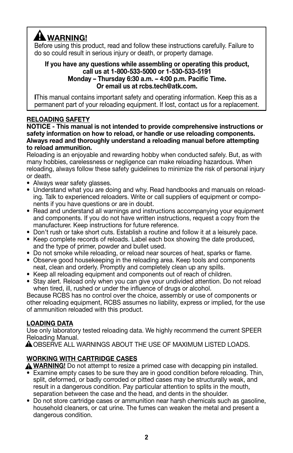 Warning | RCBS Summit Reloading Press User Manual | Page 2 / 12