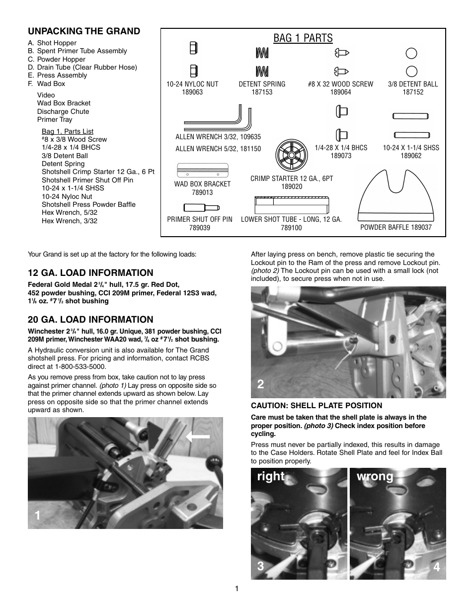 3right 4 1, Wrong, Bag 1 parts | 12 ga. load information, 20 ga. load information, Unpacking the grand | RCBS The Grand User Manual | Page 4 / 20