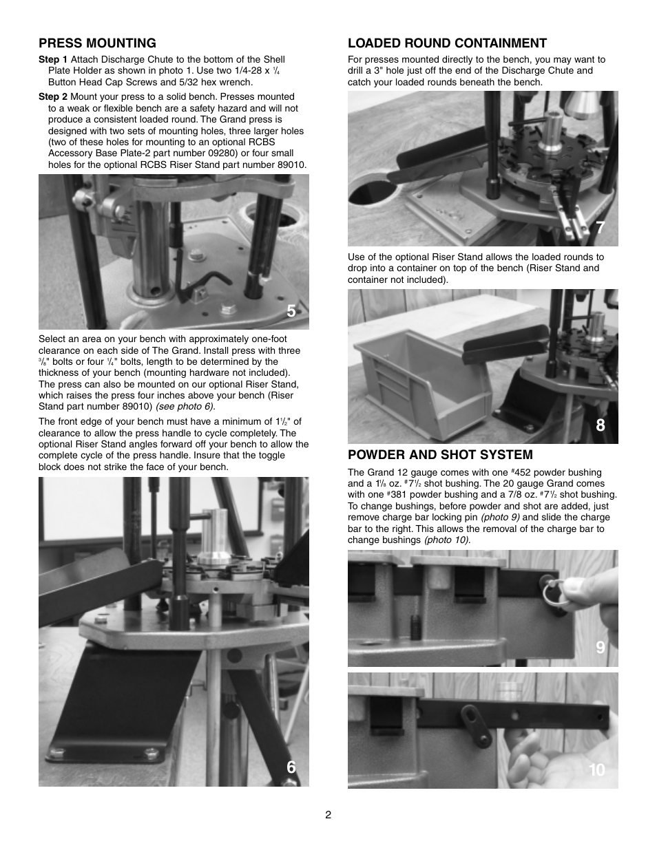 Press mounting, Loaded round containment, Powder and shot system | RCBS The Grand User Manual | Page 5 / 20