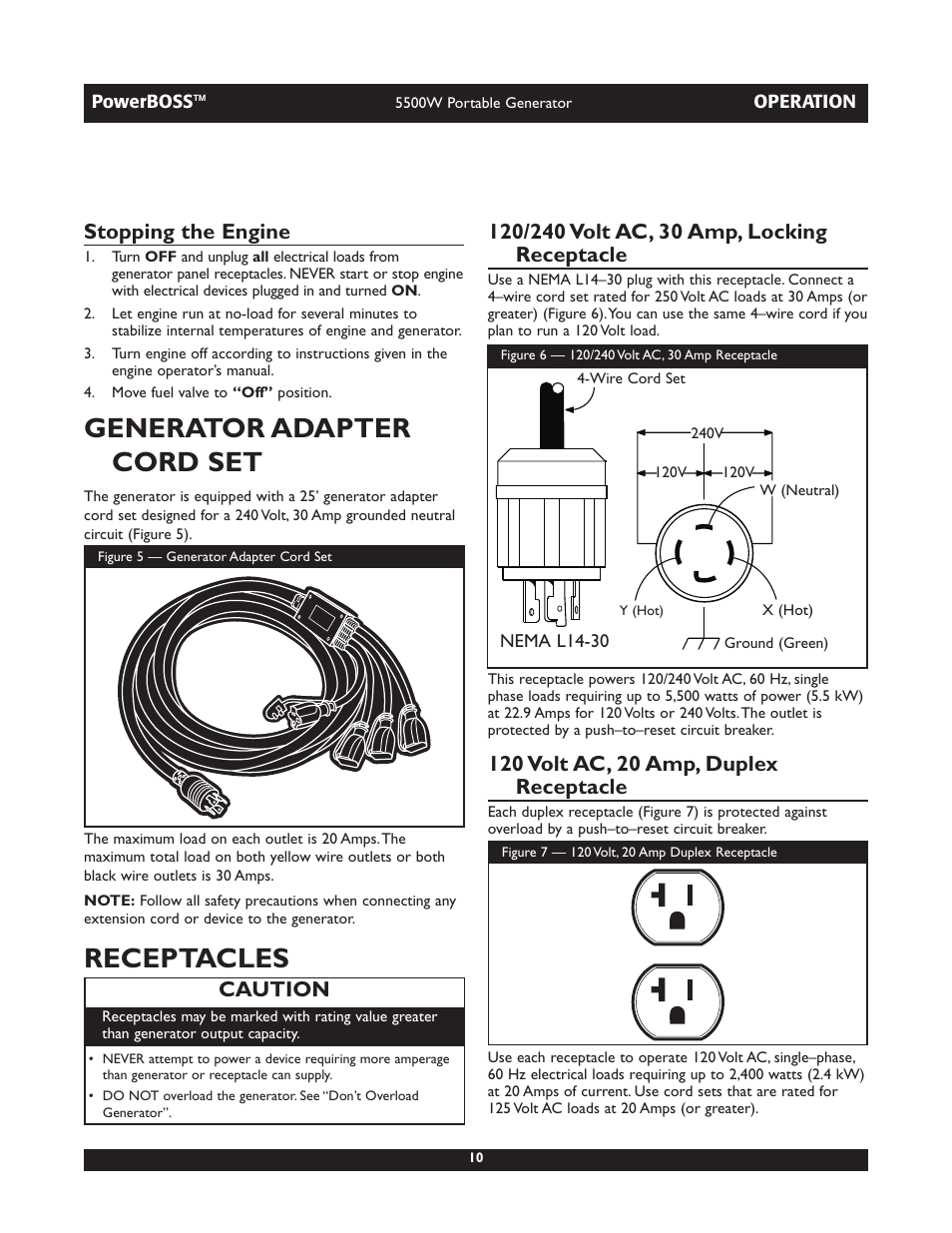 Generator adapter cord set, Receptacles, Stopping the engine | Caution | Briggs & Stratton 030255 User Manual | Page 10 / 28