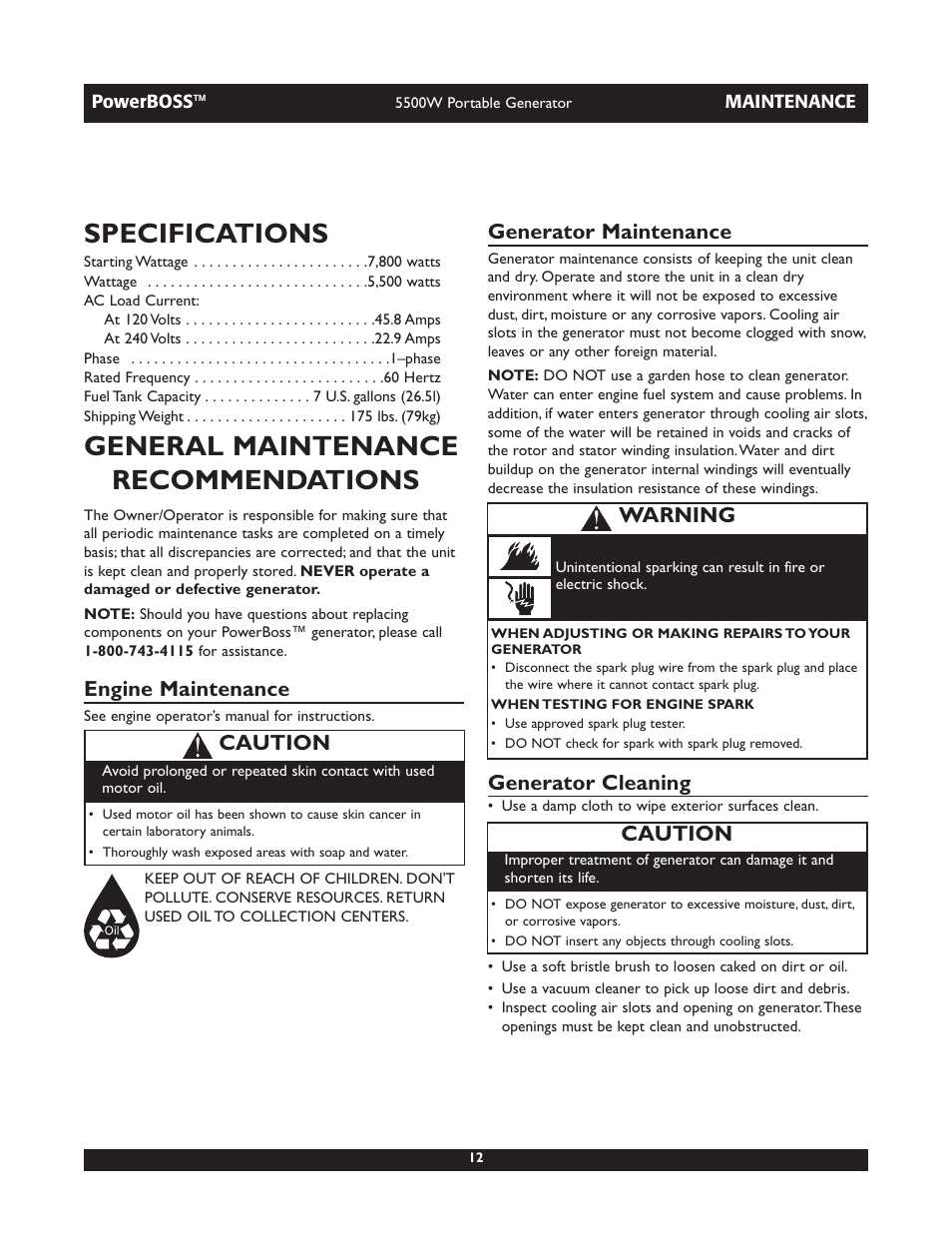Specifications, General maintenance recommendations, Engine maintenance | Generator maintenance, Generator cleaning, Caution, Warning | Briggs & Stratton 030255 User Manual | Page 12 / 28