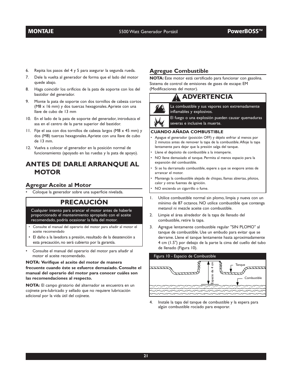 Antes de darle arranque al motor, Precaución, Advertencia | Montaje, Powerboss, Agregar aceite al motor, Agregue combustible | Briggs & Stratton 030255 User Manual | Page 21 / 28