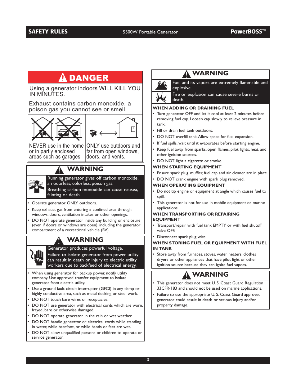 Warning | Briggs & Stratton 030255 User Manual | Page 3 / 28