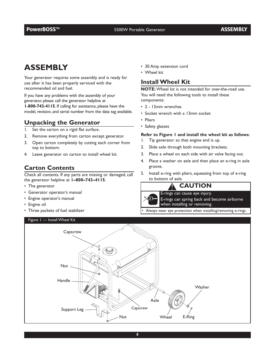 Assembly, Unpacking the generator, Carton contents | Install wheel kit, Caution | Briggs & Stratton 030255 User Manual | Page 6 / 28