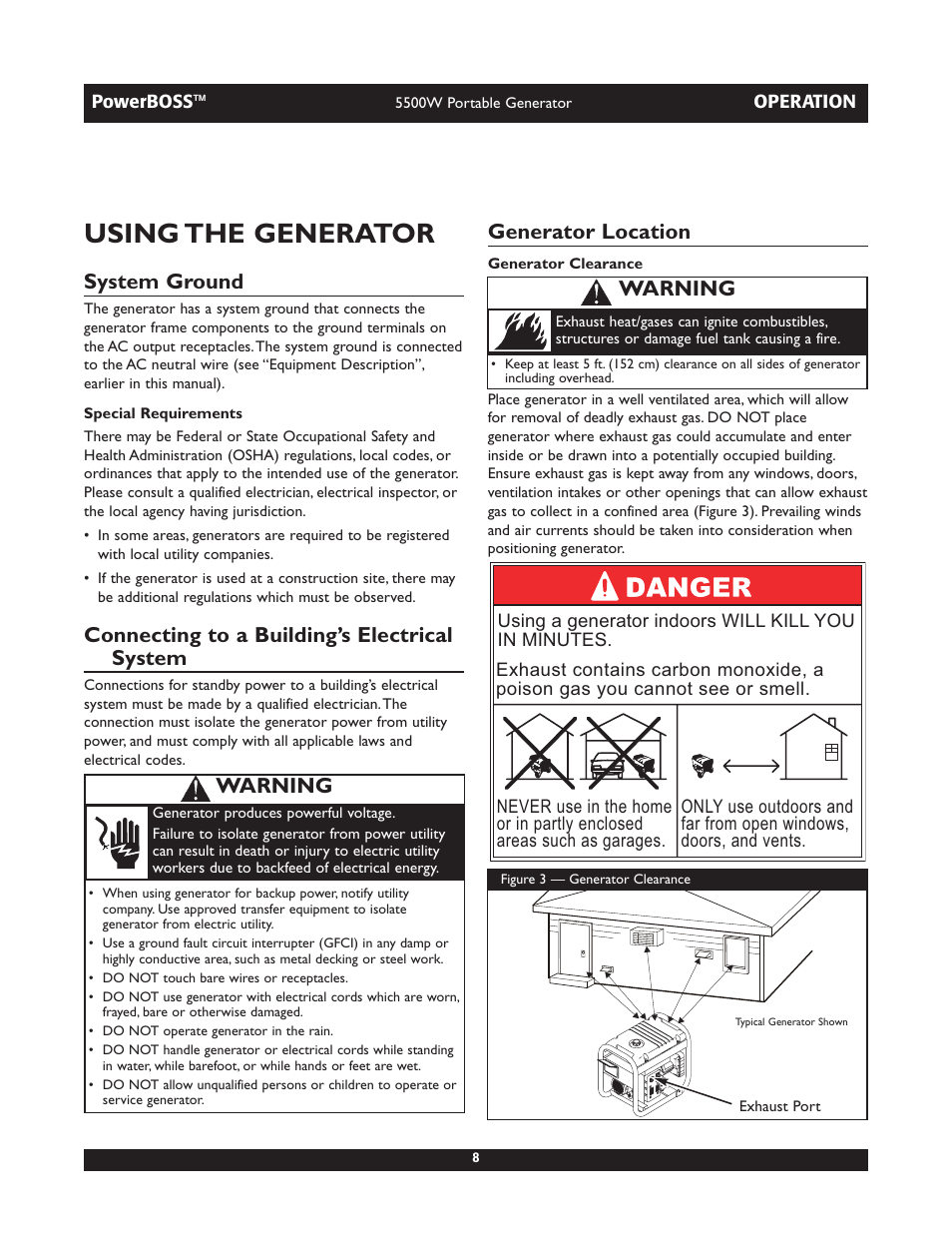 Using the generator, System ground, Connecting to a building’s electrical system | Generator location, Warning | Briggs & Stratton 030255 User Manual | Page 8 / 28