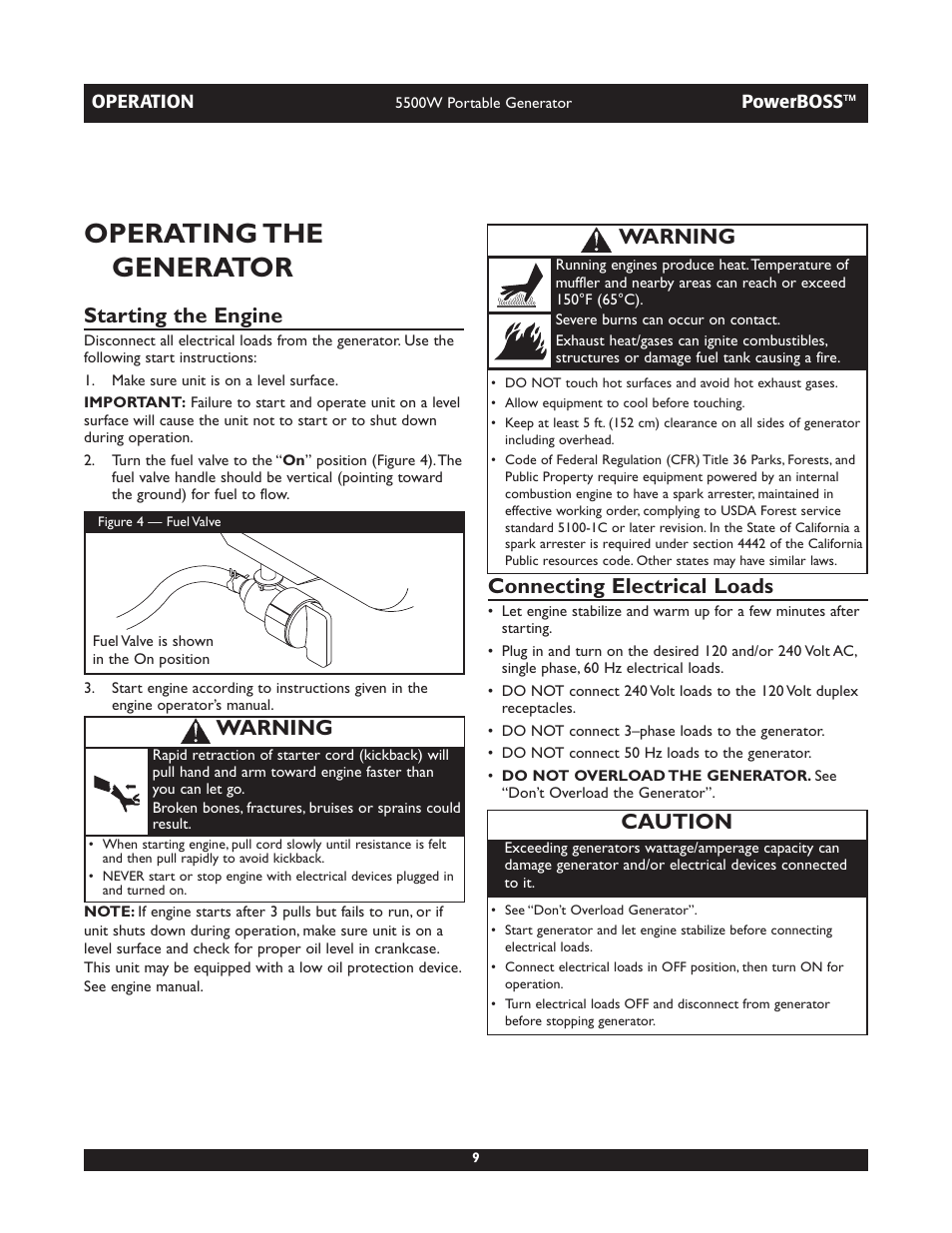 Operating the generator, Starting the engine, Connecting electrical loads | Caution, Warning | Briggs & Stratton 030255 User Manual | Page 9 / 28