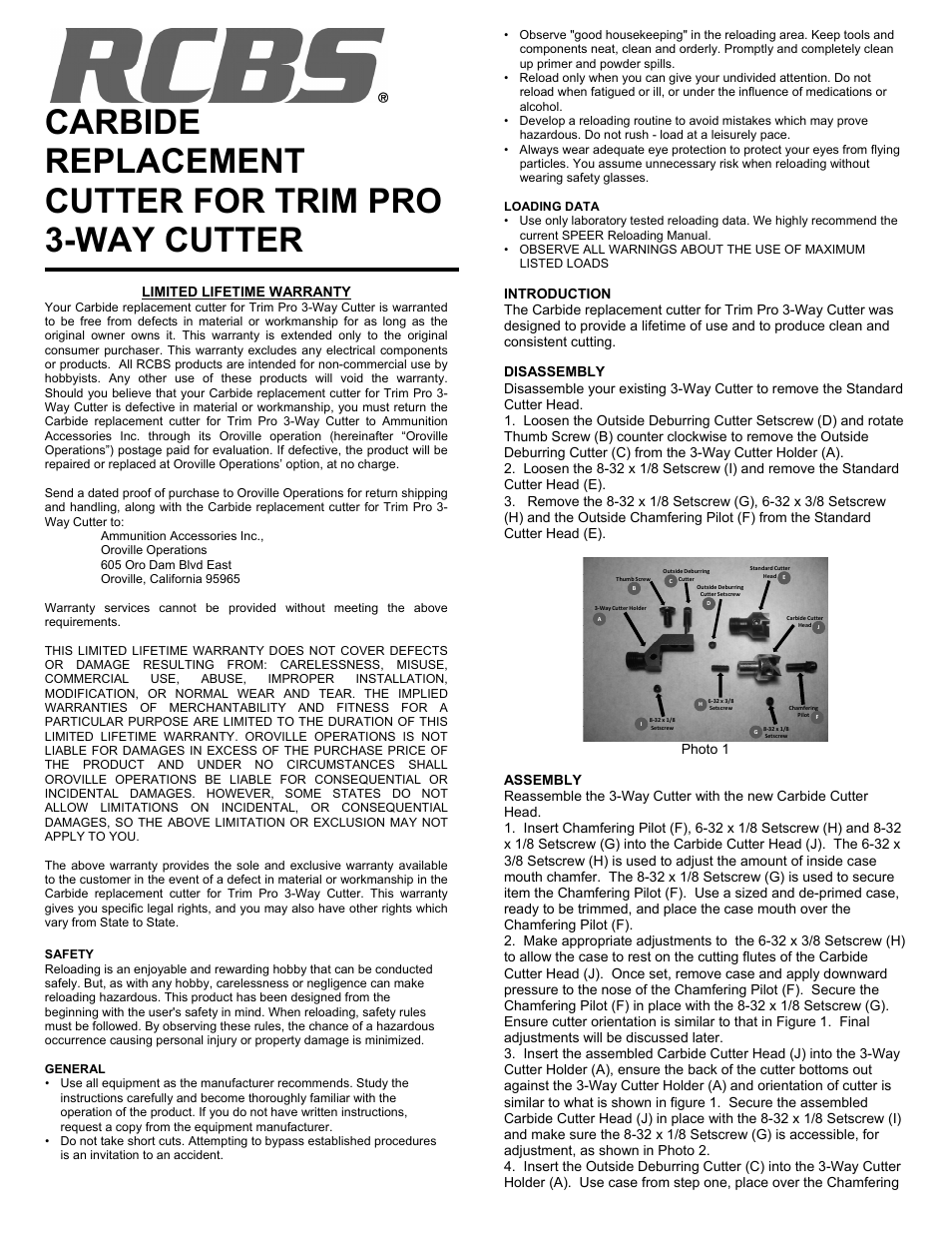 RCBS Carbide Replacement Cutter for Trim Pro 3-way Cutter User Manual | 2 pages