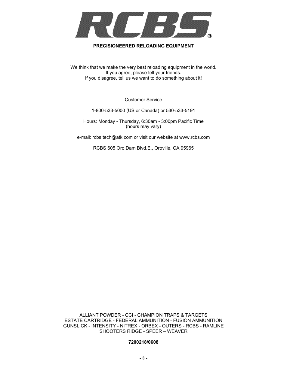 RCBS High Capacity Case Trimmer Kit User Manual | Page 8 / 8