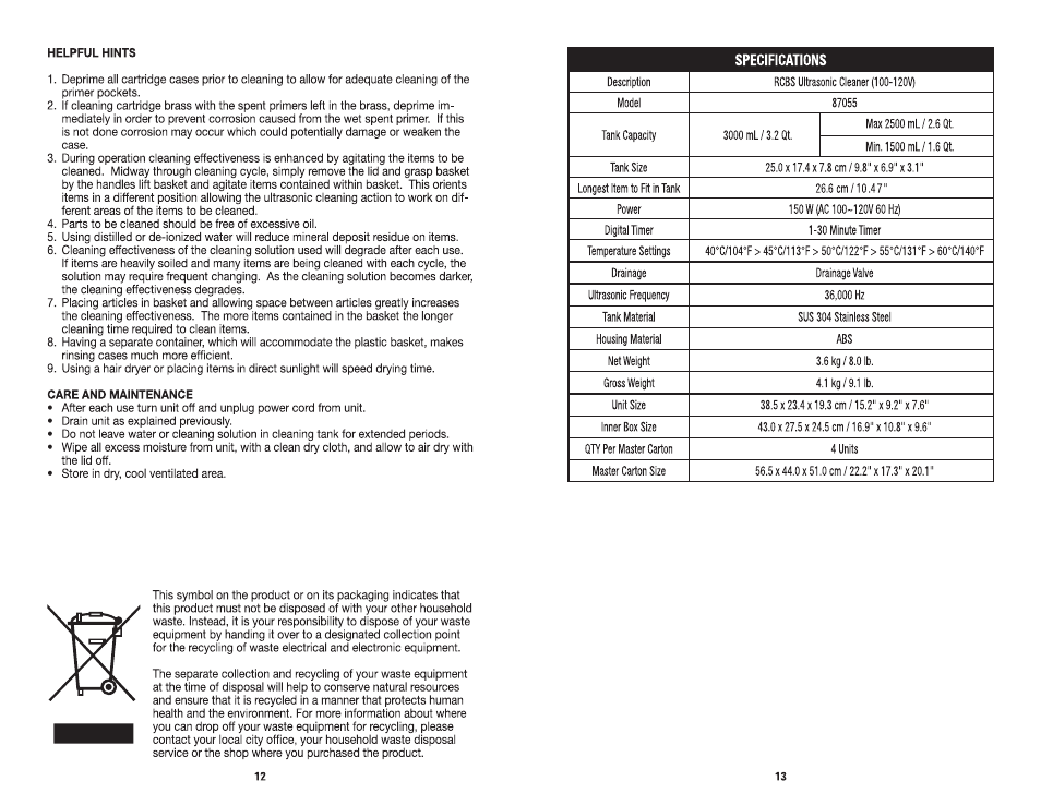 RCBS Ultrasonic Cleaner User Manual | Page 7 / 9