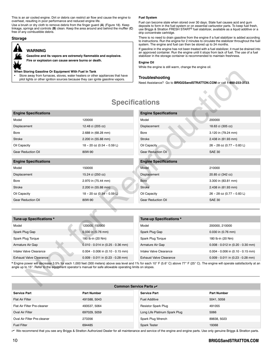 Not for reproduction, Specifications | Briggs & Stratton POWER BUILT 200000 User Manual | Page 10 / 92