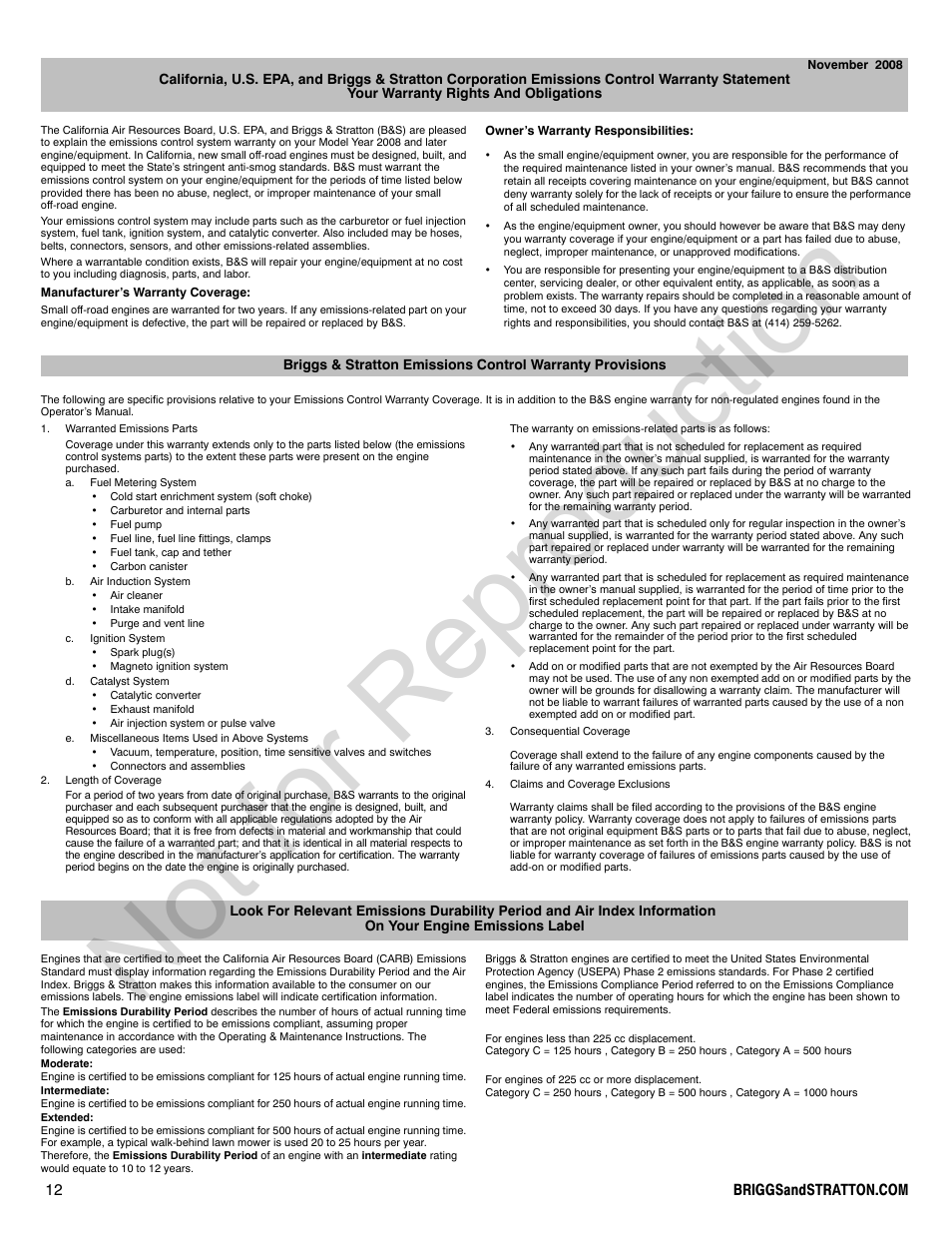 Not for reproduction | Briggs & Stratton POWER BUILT 200000 User Manual | Page 12 / 92